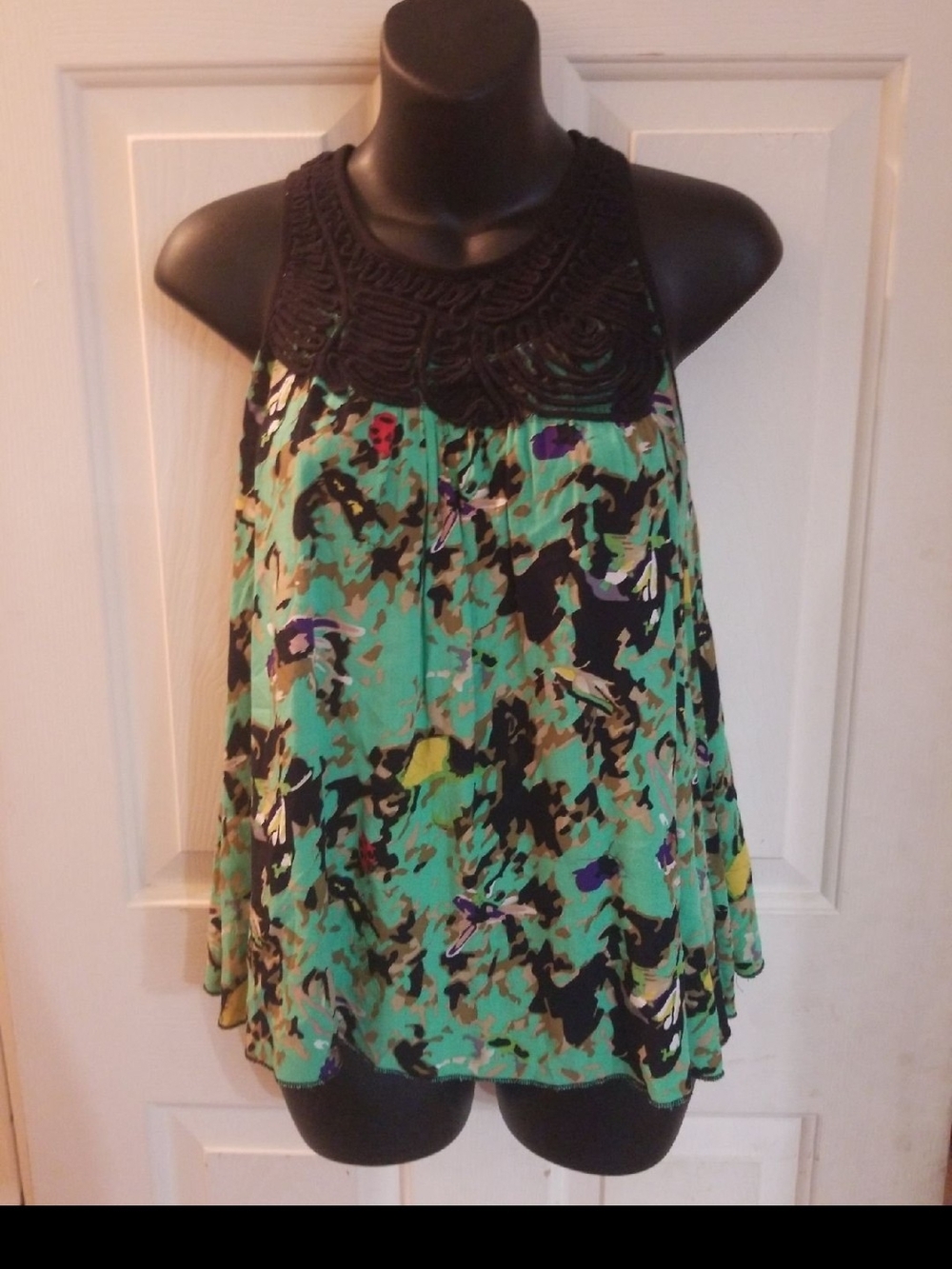 hazel Green Abstract Print Camisole with Black Crochet Yoke